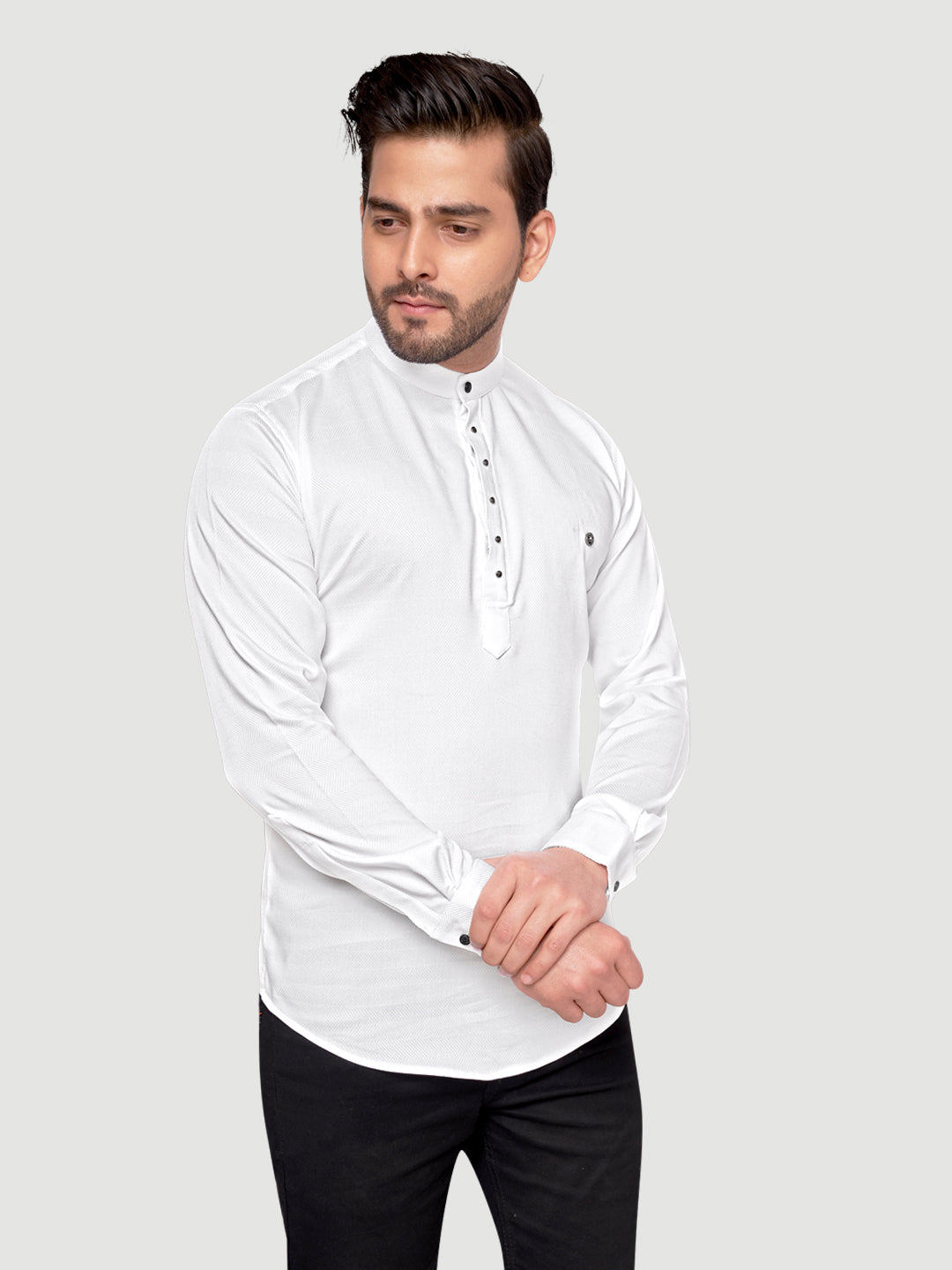 Black and White Shirts Men's Designer Short Kurta with Metal Buttons White