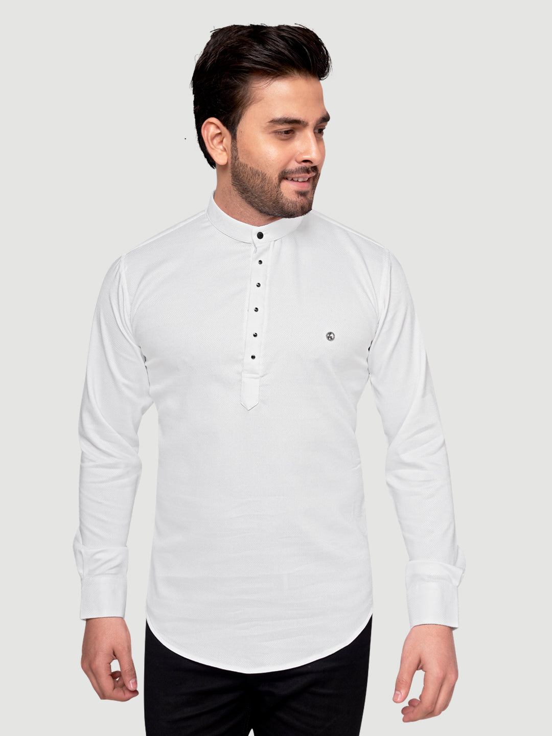 Black and White Shirts Men's Designer Short Kurta with Metal Buttons White