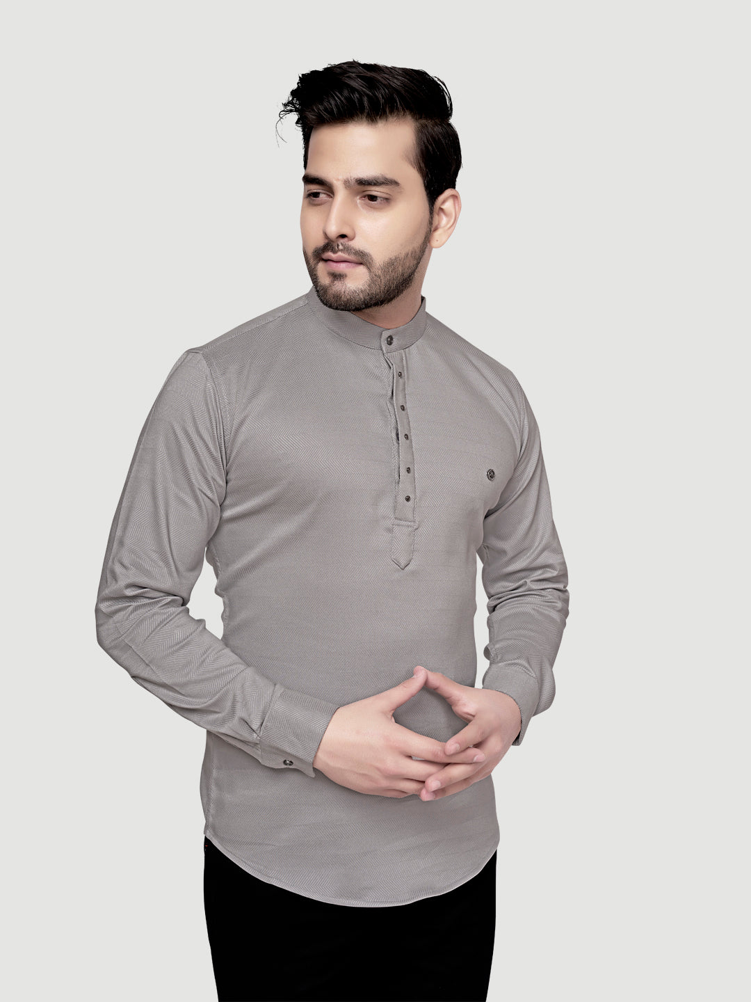 Black and White Shirts Men's Designer Short Kurta with Metal Buttons Light Grey