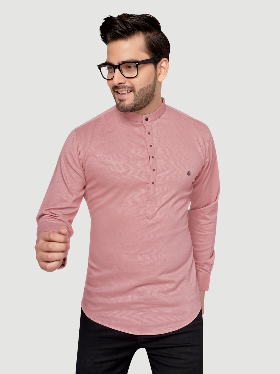 Black and White Shirts Men's Designer Short Kurta with Metal Buttons Salmon Pink