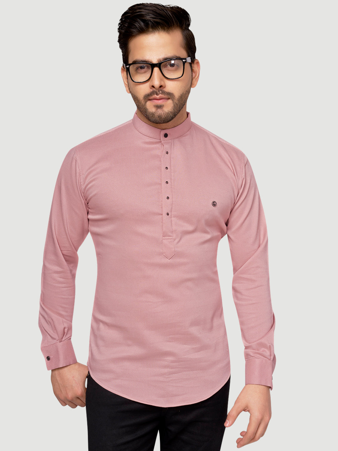 Black and White Shirts Men's Designer Short Kurta with Metal Buttons Salmon Pink