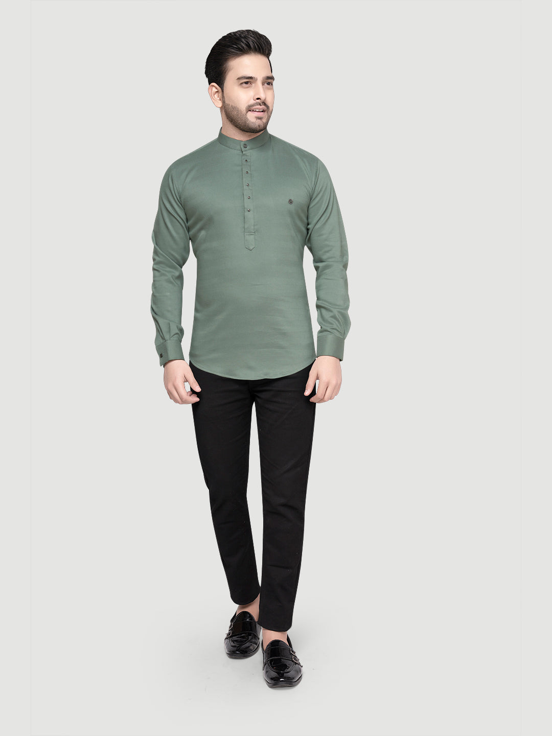 Black and White Shirts Men's Designer Short Kurta with Metal Buttons Teal Green