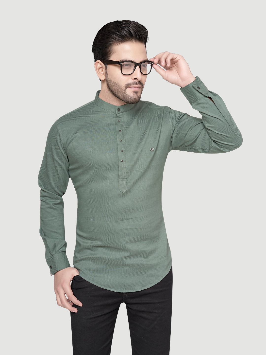 Black and White Shirts Men's Designer Short Kurta with Metal Buttons Teal Green