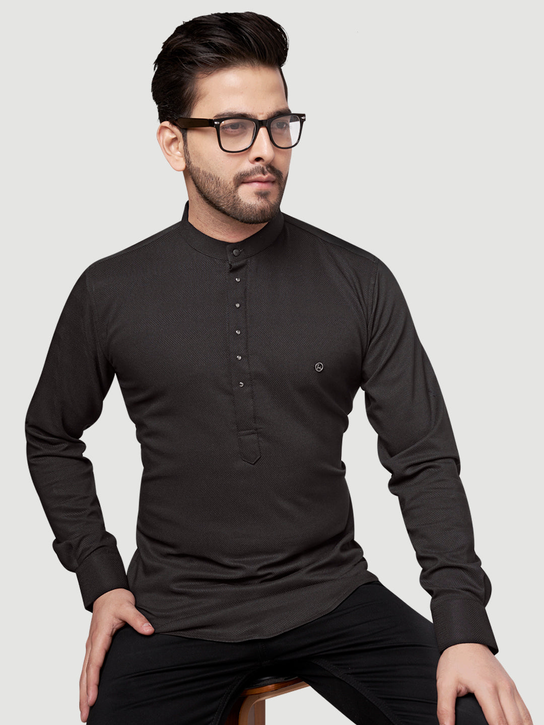 Black and White Shirts Men's Designer Short Kurta with Metal Buttons Black