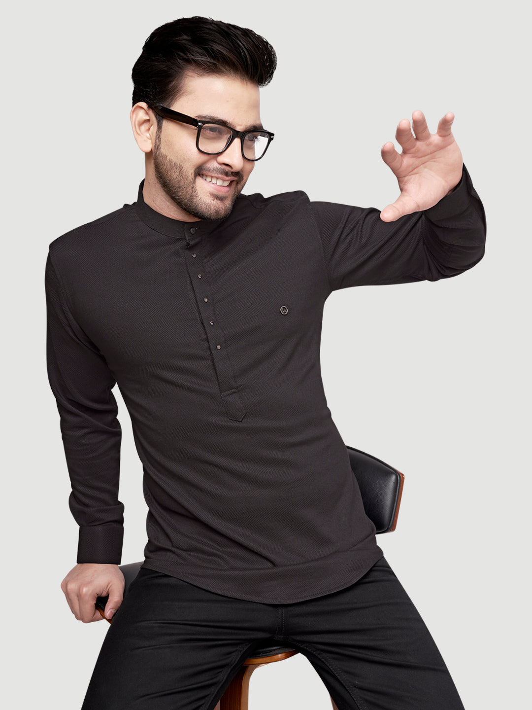 Black and White Shirts Men's Designer Short Kurta with Metal Buttons Black
