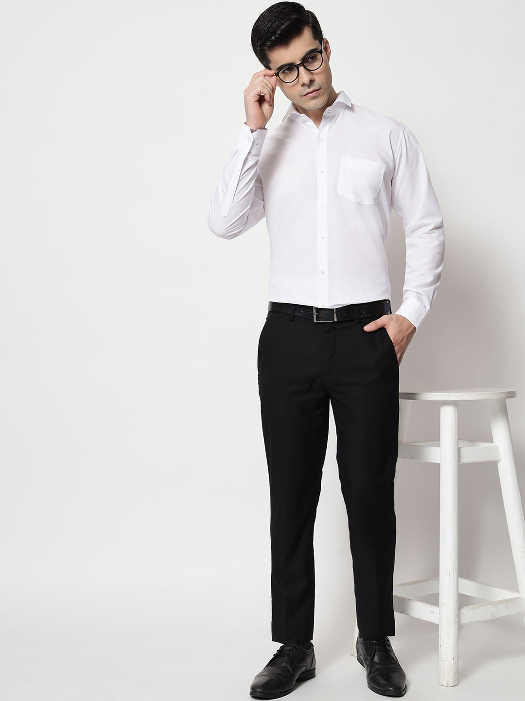 Black & White Men's Formal Cufflink Shirt White-1