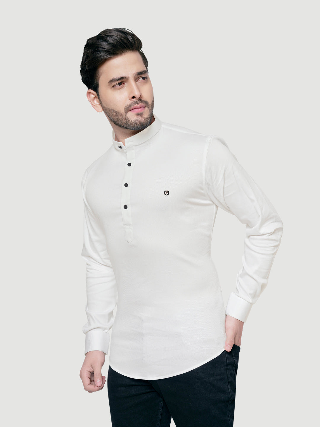Black and White Men's Designer Shirt with Collar Accessory & Broach-18
