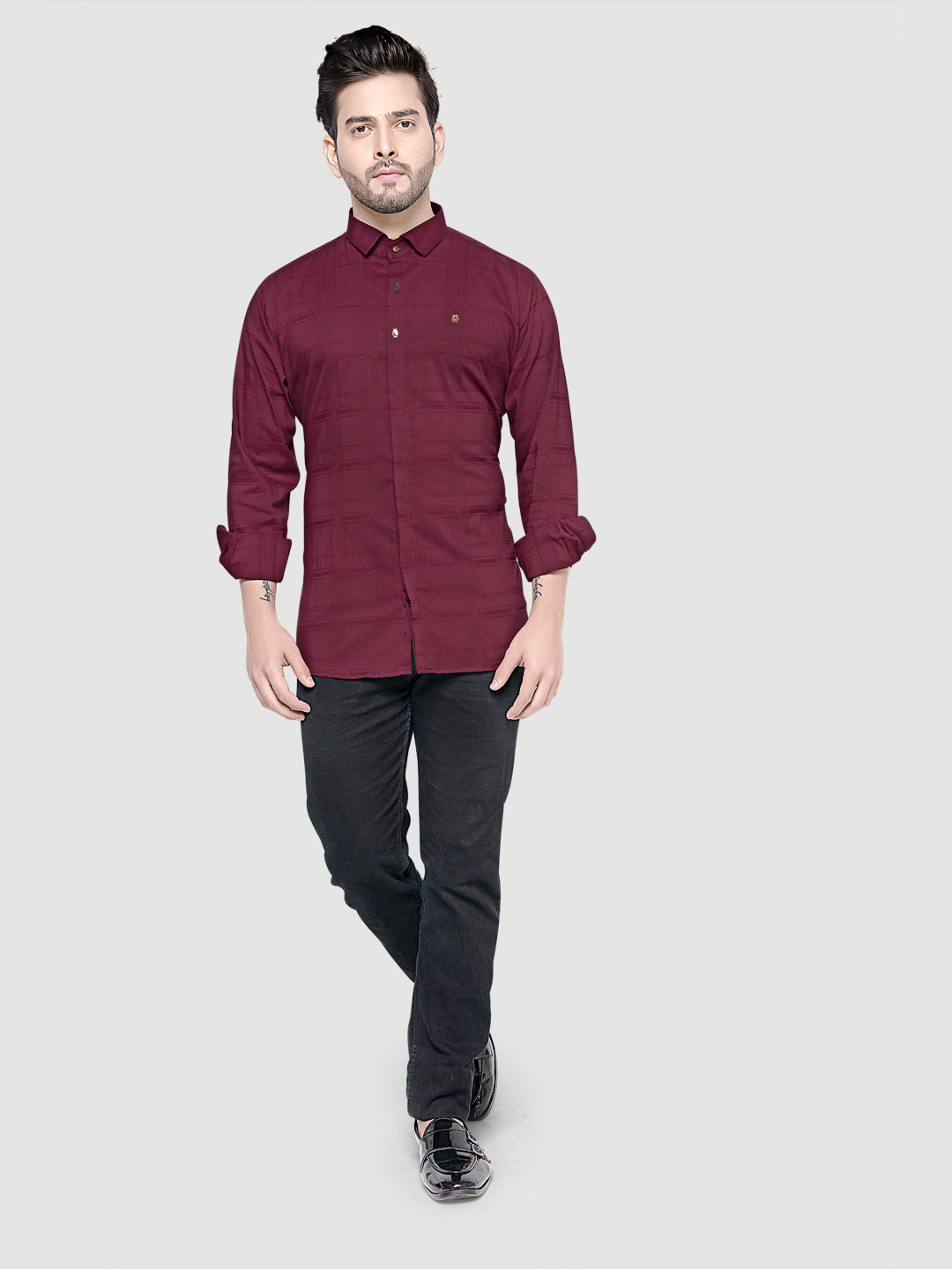 Black and White Shirts Designer Shirts with Collar Accessories- Maroon