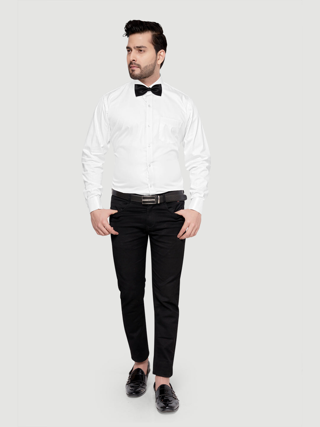 Black and White Shirts Men's Formal Cufflink Shirt White w bow
