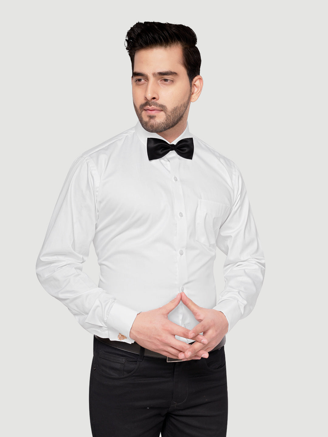 Black and White Shirts Men's Formal Cufflink Shirt White w bow