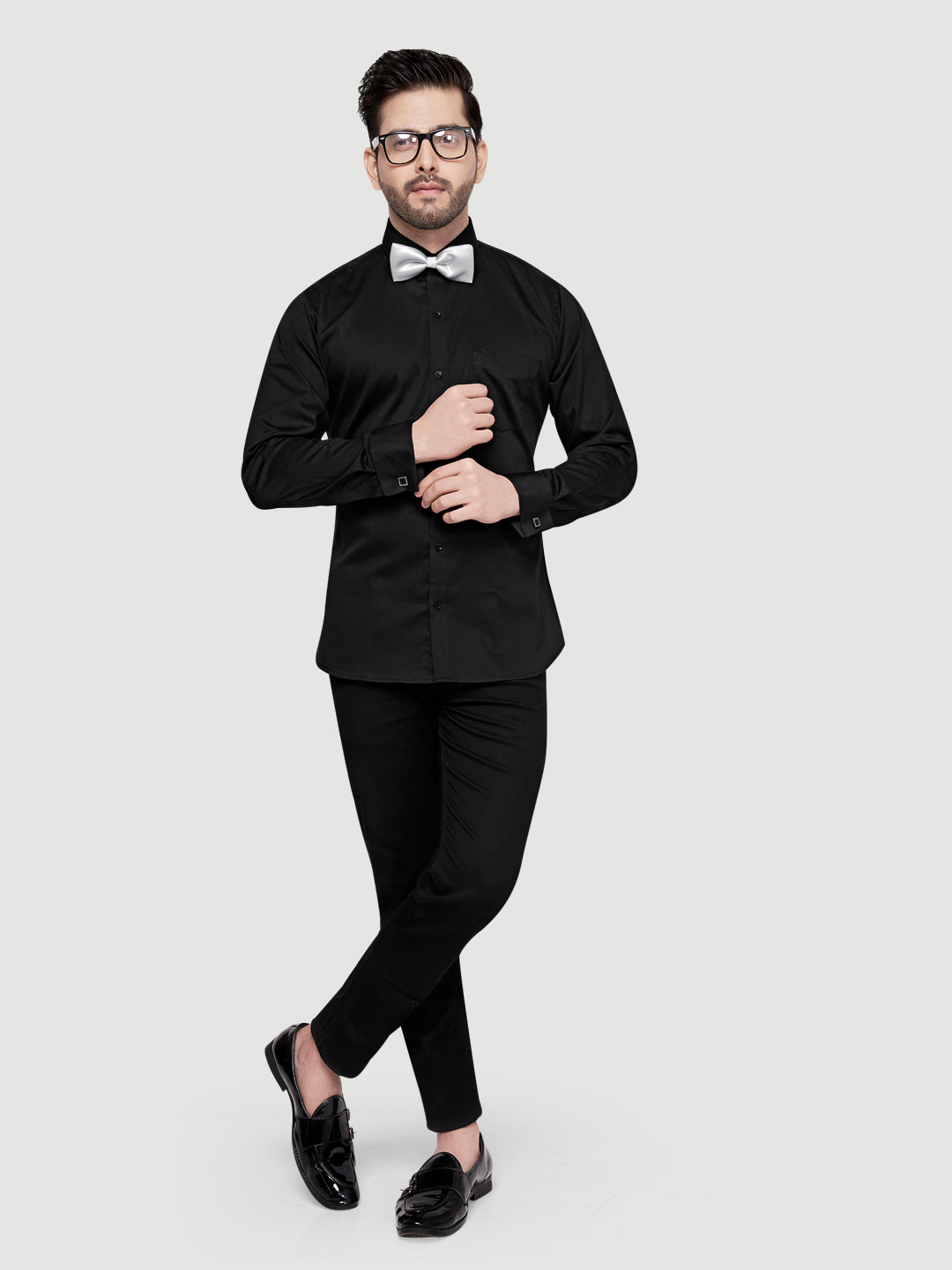 Black and White Shirts Men's Formal Cufflink Shirt Black w bow