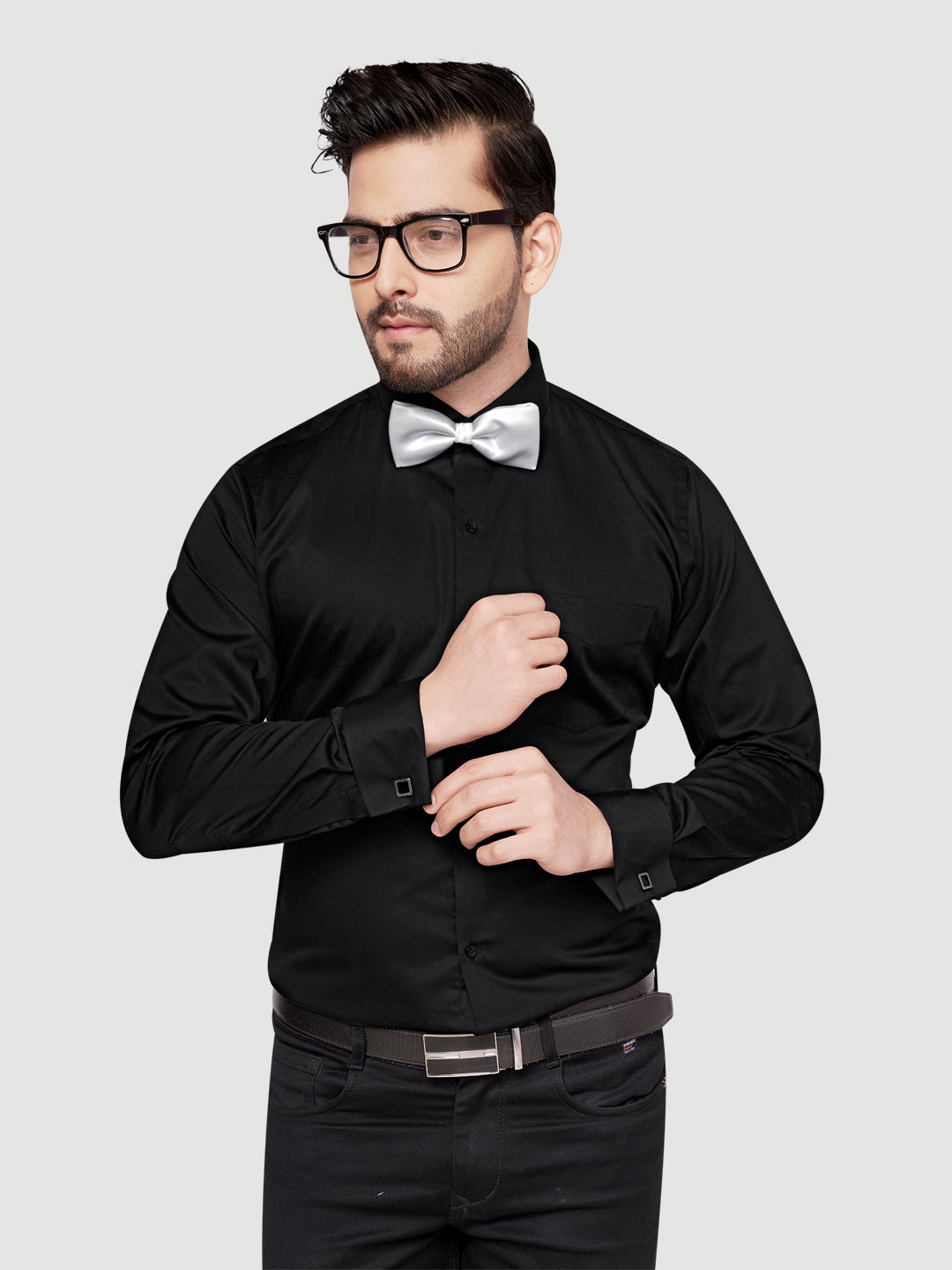 Black and White Shirts Men's Formal Cufflink Shirt Black w bow