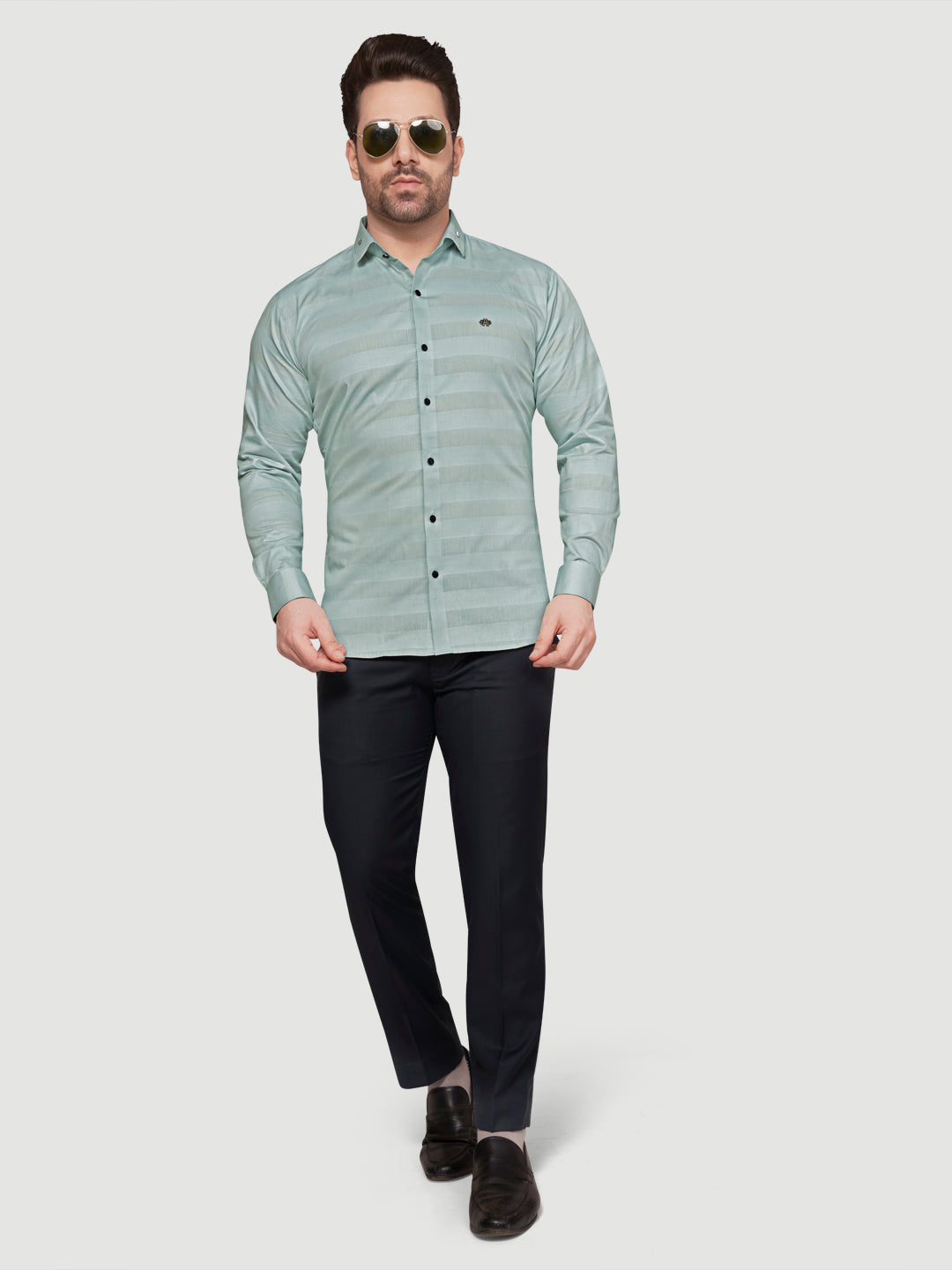 Black and White Men's Weft Designer Shirt Green