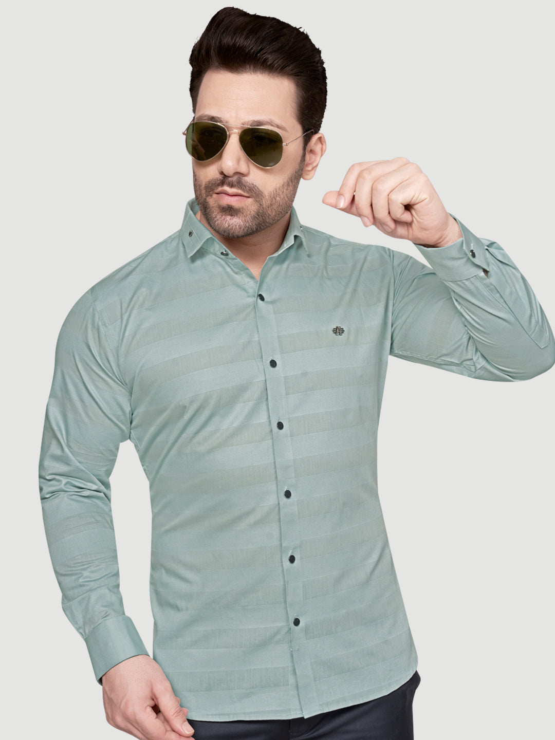 Black and White Men's Weft Designer Shirt Green