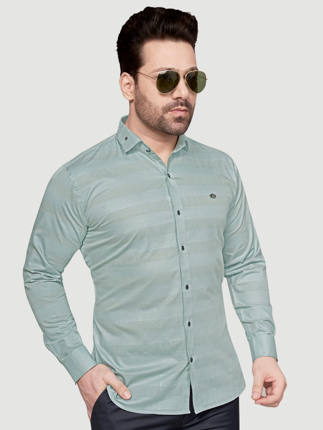 Black and White Men's Weft Designer Shirt Green