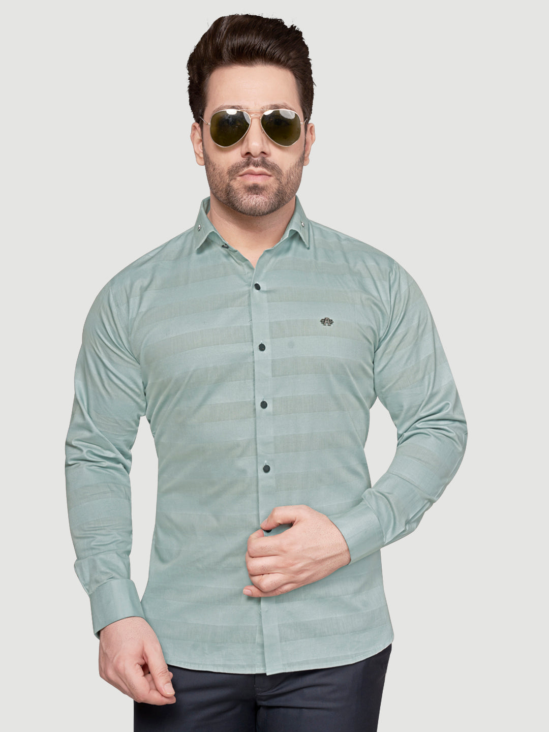 Black and White Men's Weft Designer Shirt Green