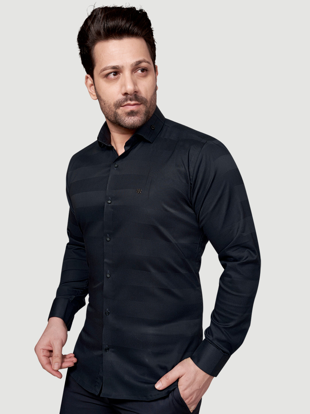 Black and White Men's Designer Shirt with Collar Accessory & Broach Black