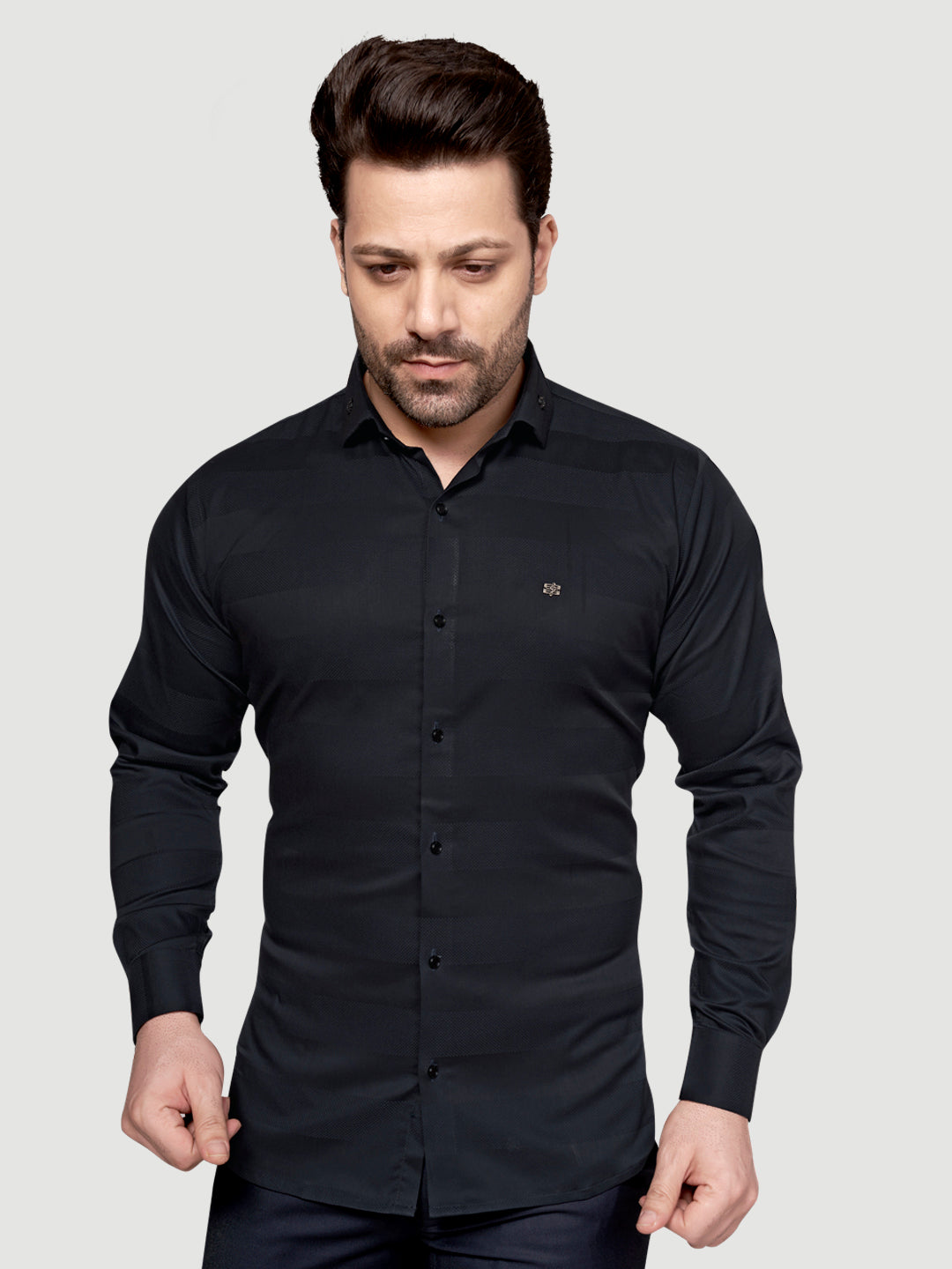 Black and White Men's Designer Shirt with Collar Accessory & Broach Black