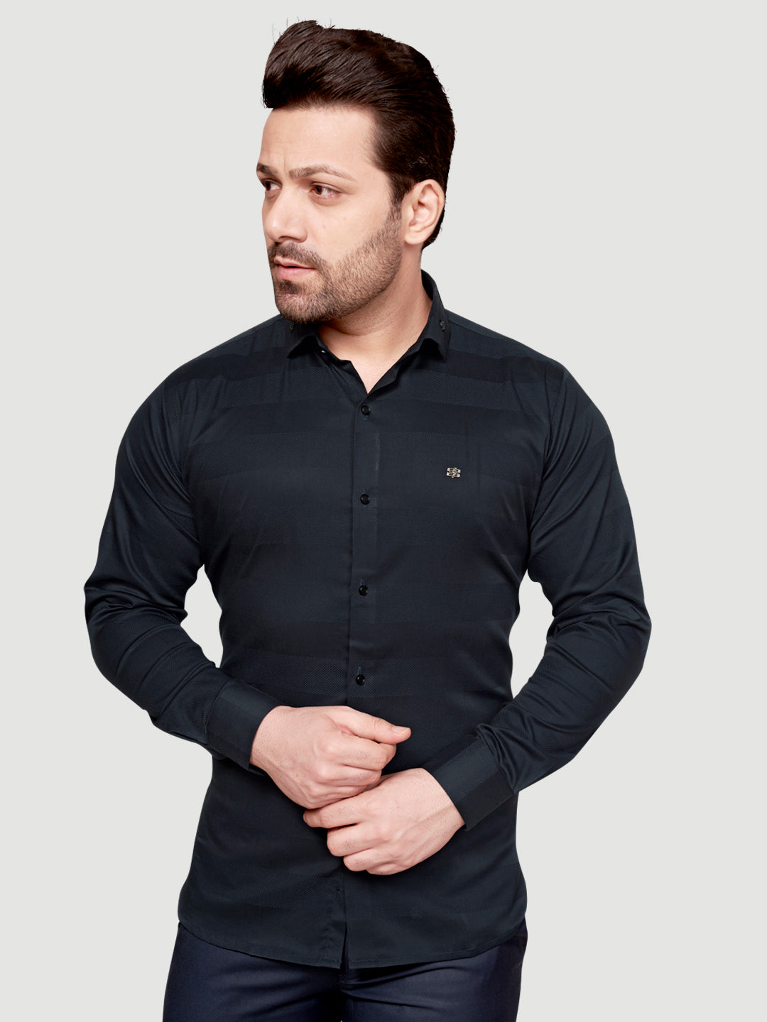 Black and White Men's Designer Shirt with Collar Accessory & Broach Black