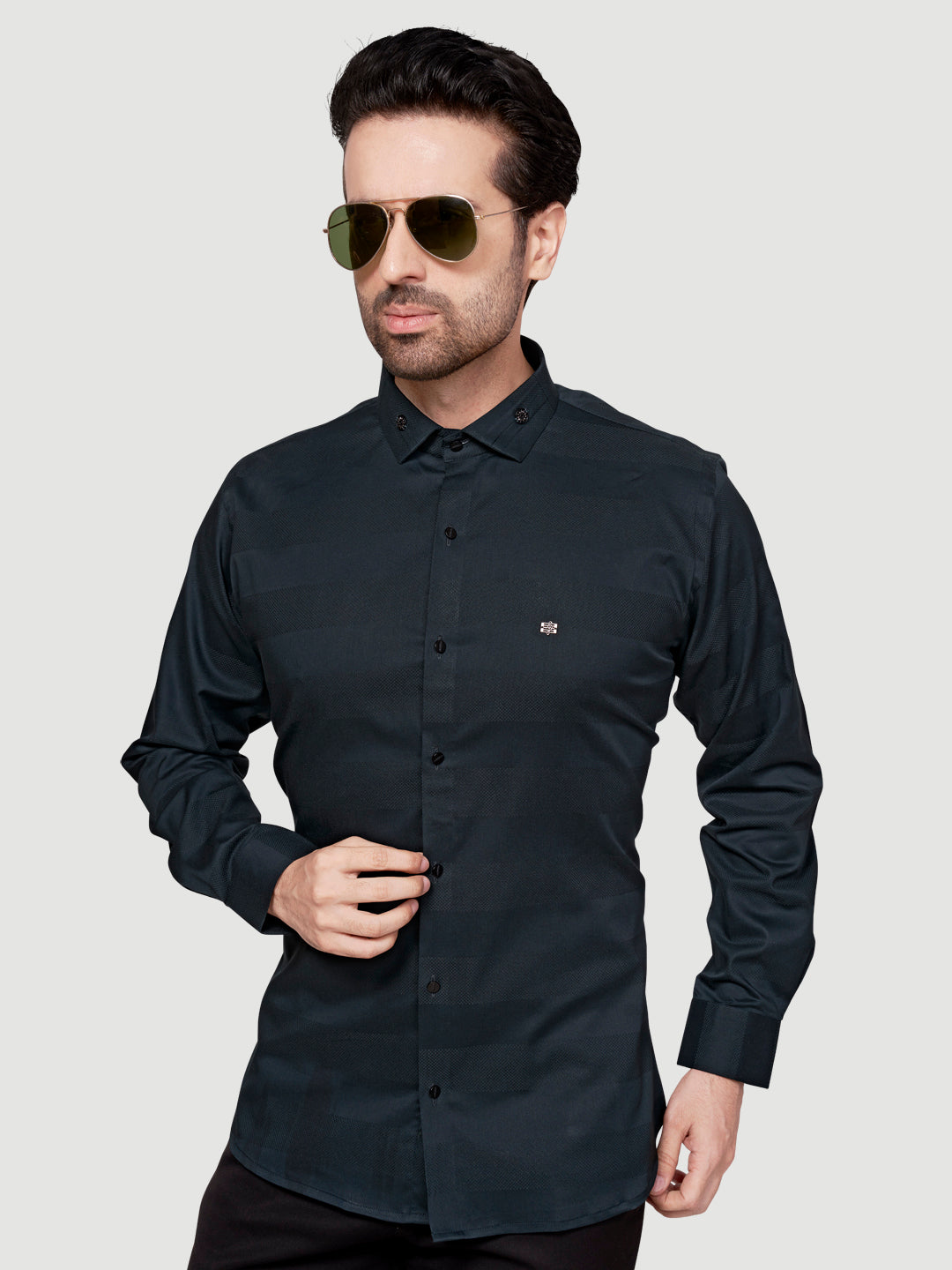 Black and White Men's Designer Shirt with Collar Accessory & Broach Turquoise Blue