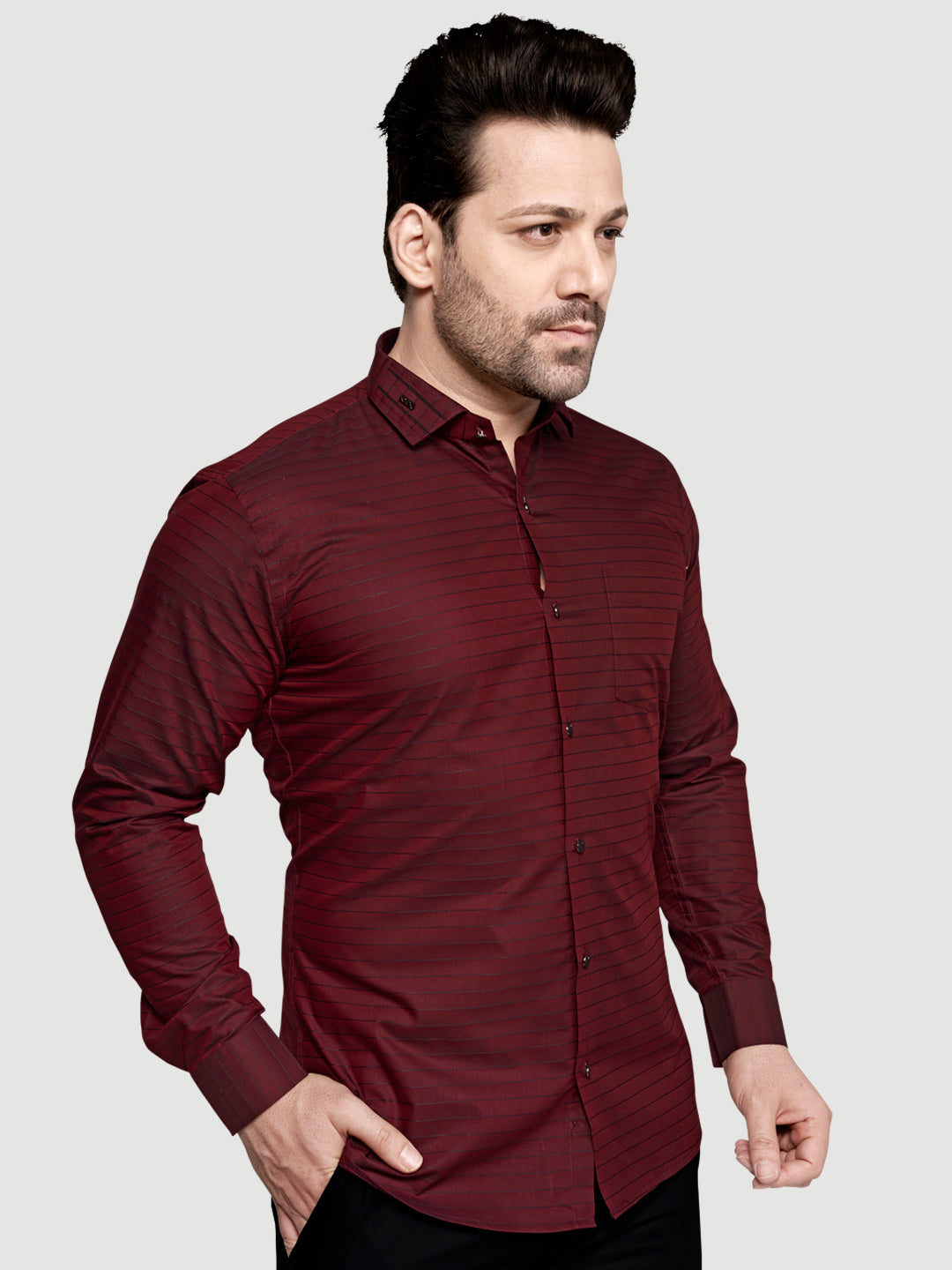 Black & White Men's Designer Weft Shirt with Collar Accessory Maroon