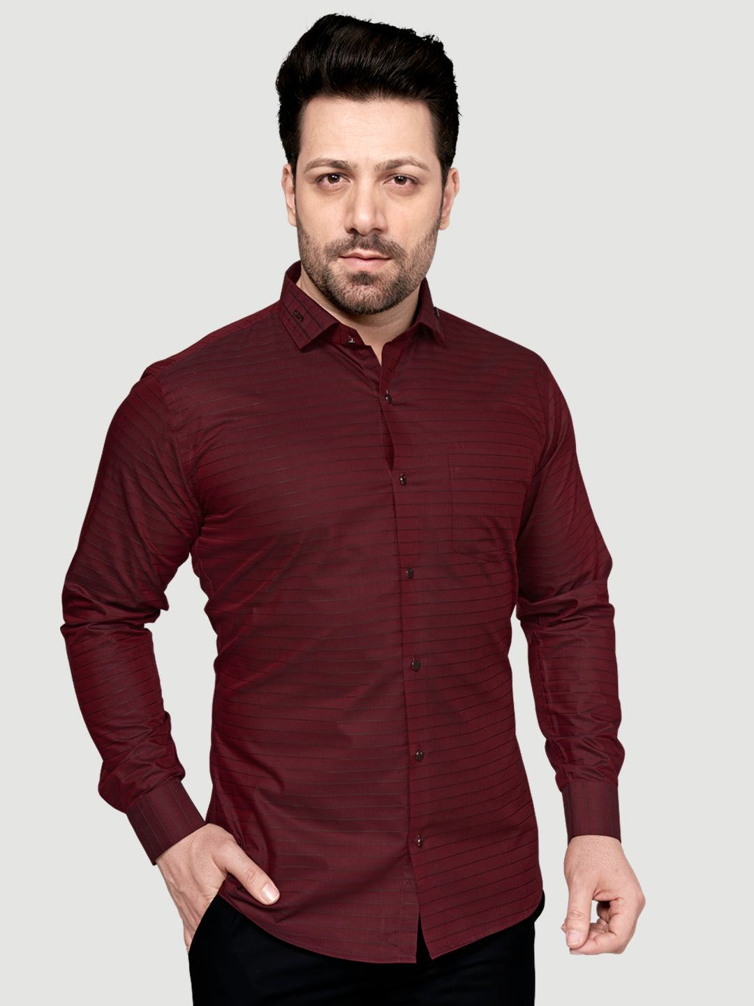 Black & White Men's Designer Weft Shirt with Collar Accessory Maroon