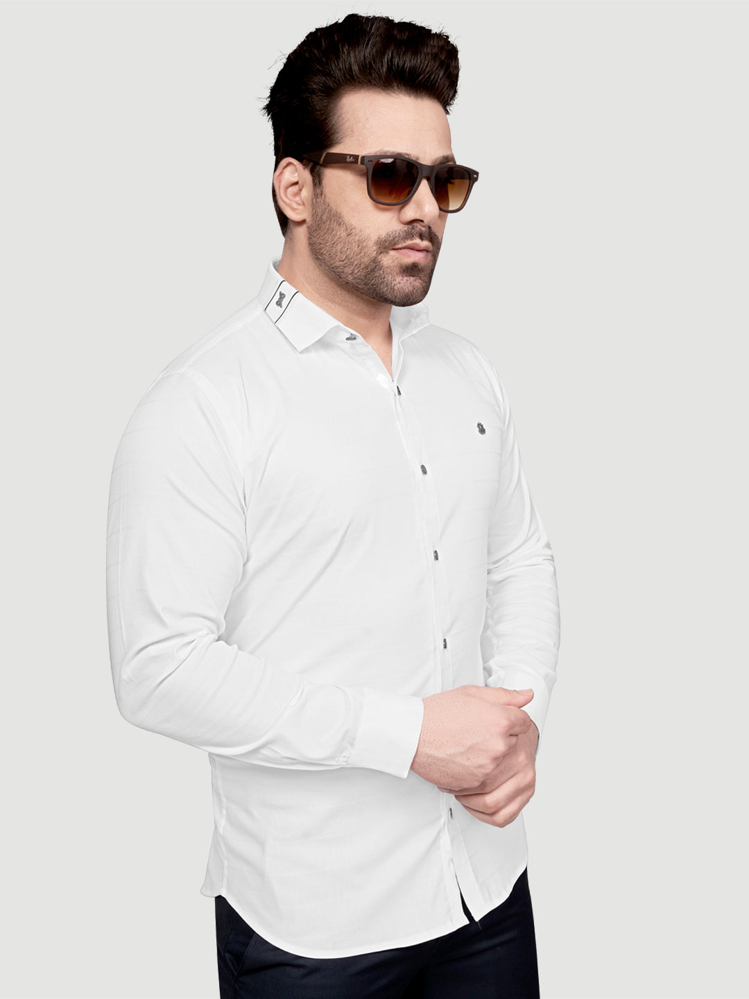 Black and White Men's Designer Shirt with Collar Accessory & Designer Broach White