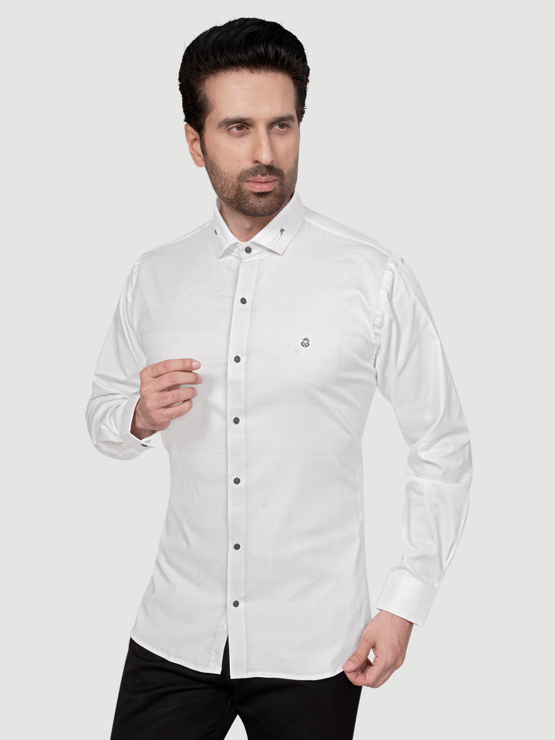 Black and White Men's Designer Shirt with Collar Accessory & Designer Broach White