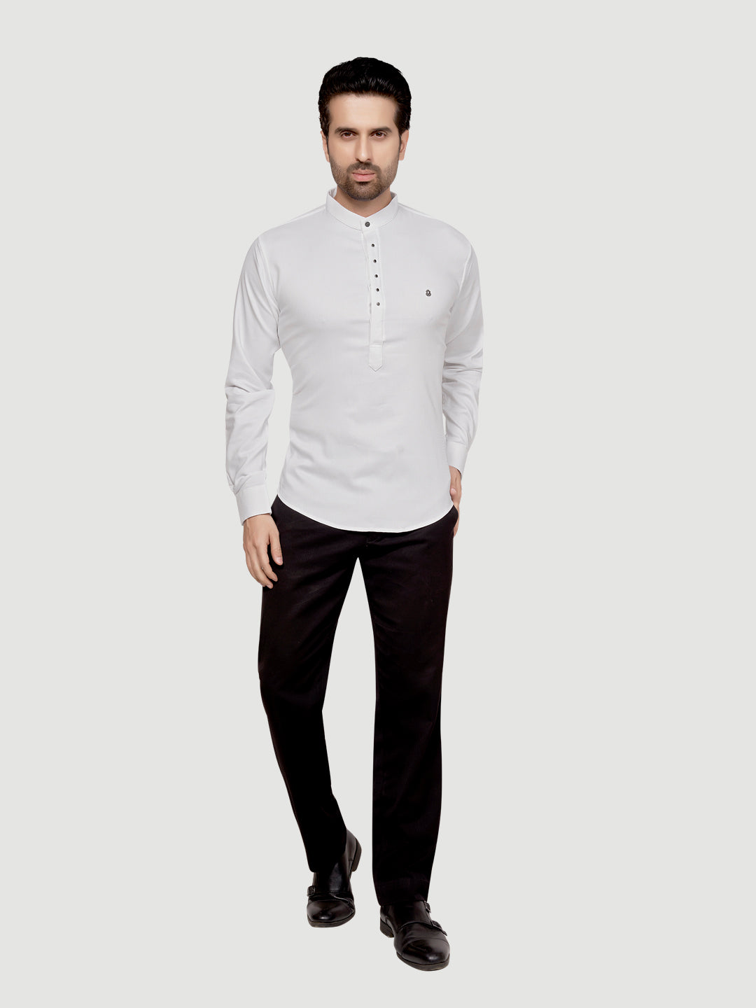 Black and White Men's Designer Short Kurta with Metal Buttons Bright White