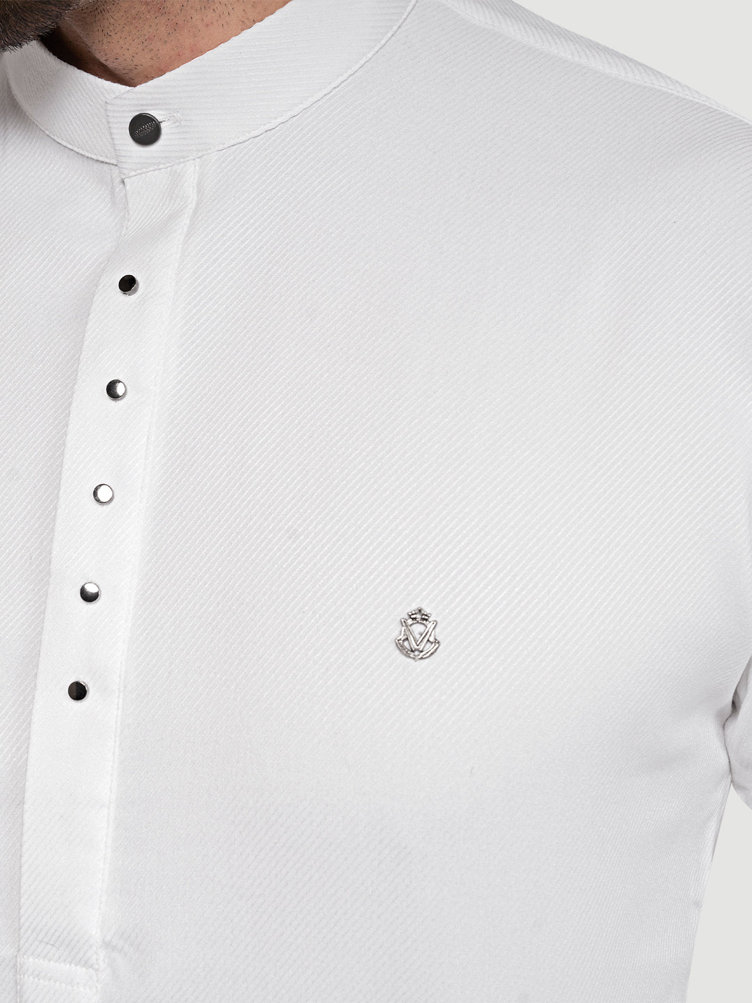 Black and White Men's Designer Short Kurta with Metal Buttons Bright White