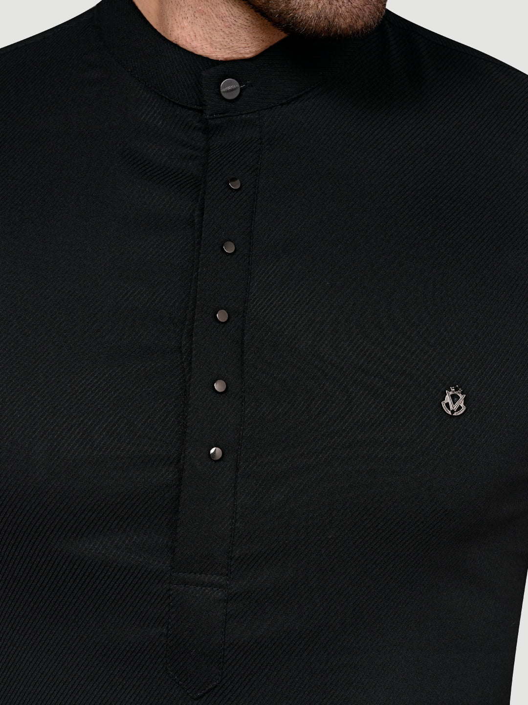Black and White Men's Designer Short Kurta with Metal Buttons NIght Black