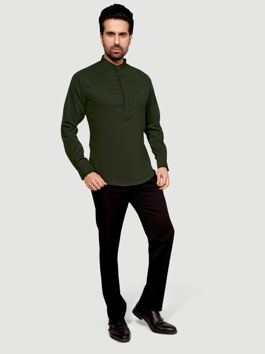 Men's Designer Short Kurta with Metal Buttons Military Green