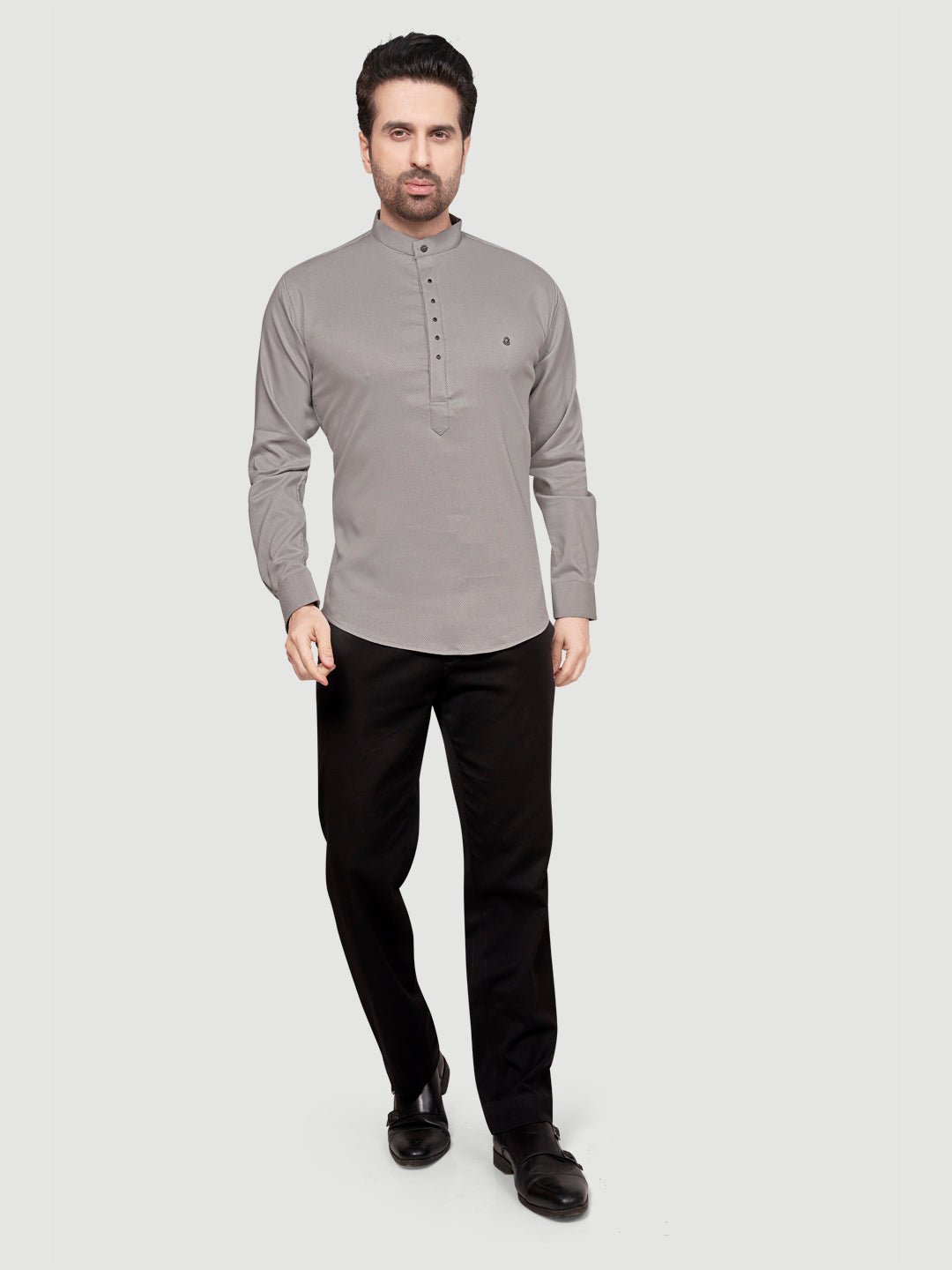 Black and White Men's Designer Short Kurta with Metal Buttons Steel Grey