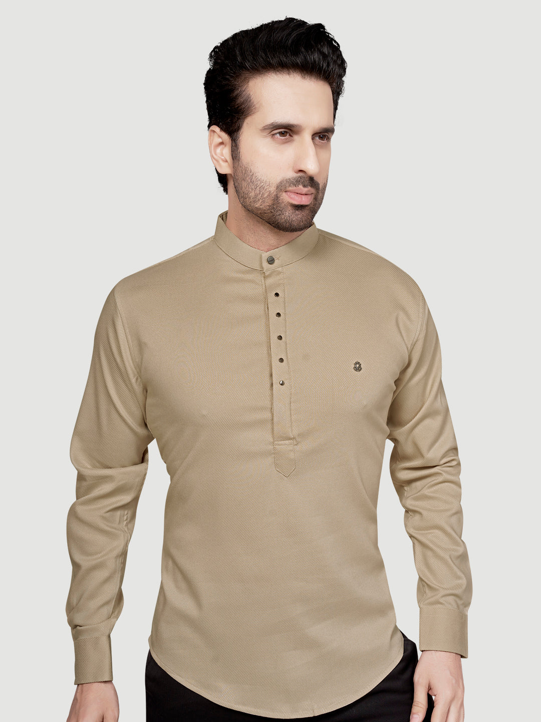 Black and White Men's Designer Short Kurta with Metal Buttons Ivory