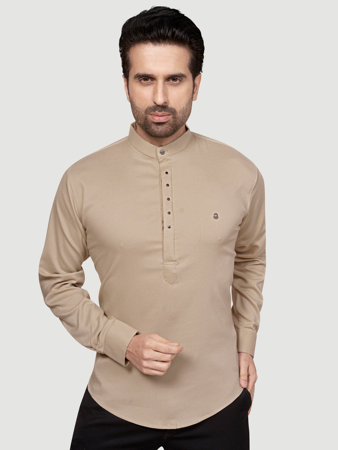 Black and White Men's Designer Short Kurta with Metal Buttons Ivory
