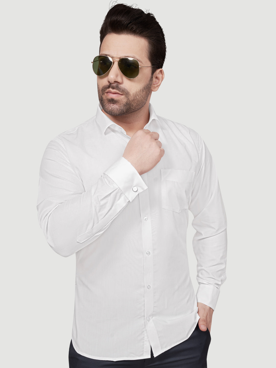 Black & White Men's Formal Cufflink Shirt White