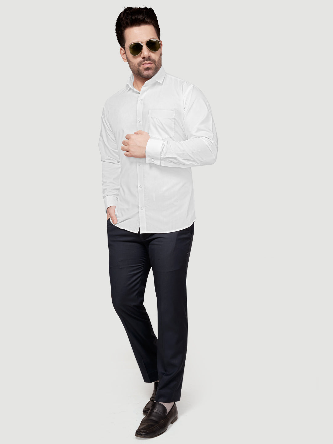 Black & White Men's Formal Cufflink Shirt White